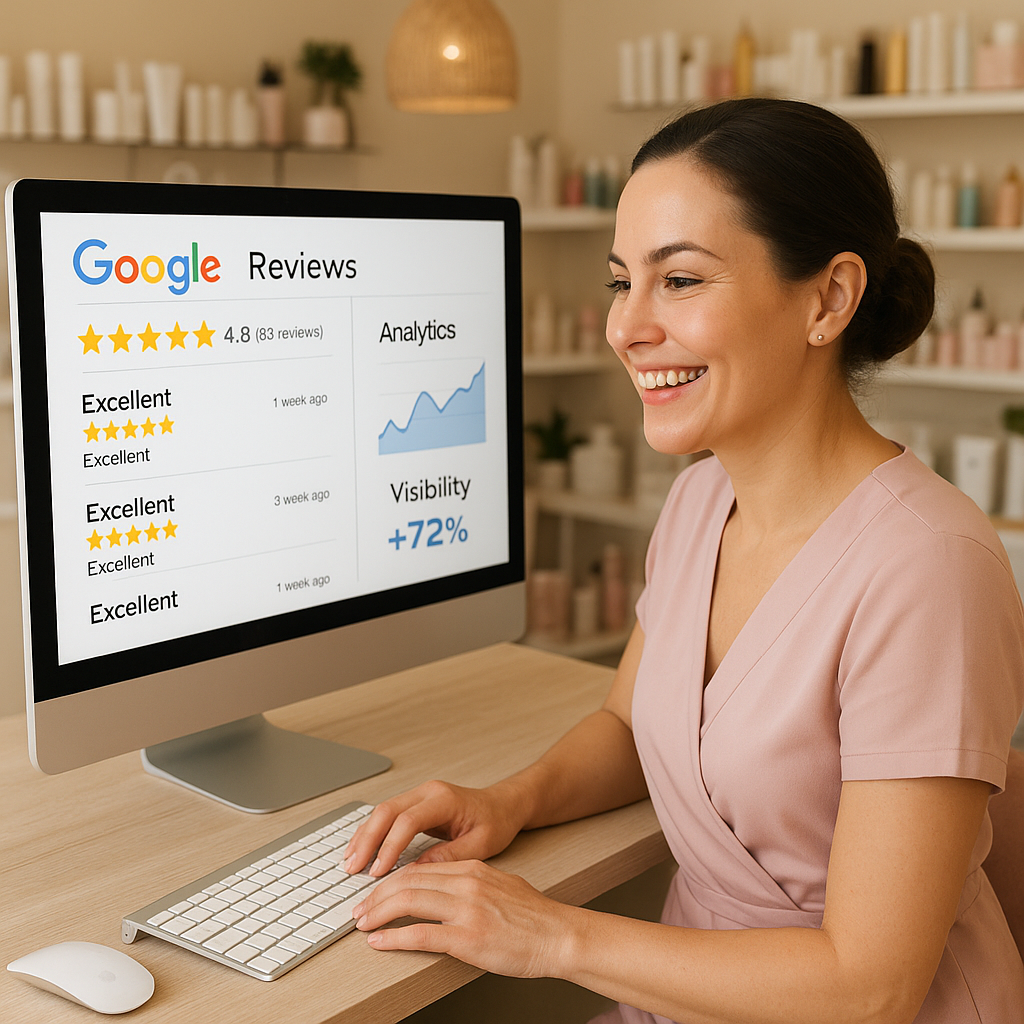 Kauneussalongin omistaja tarkastelee tietokoneen n